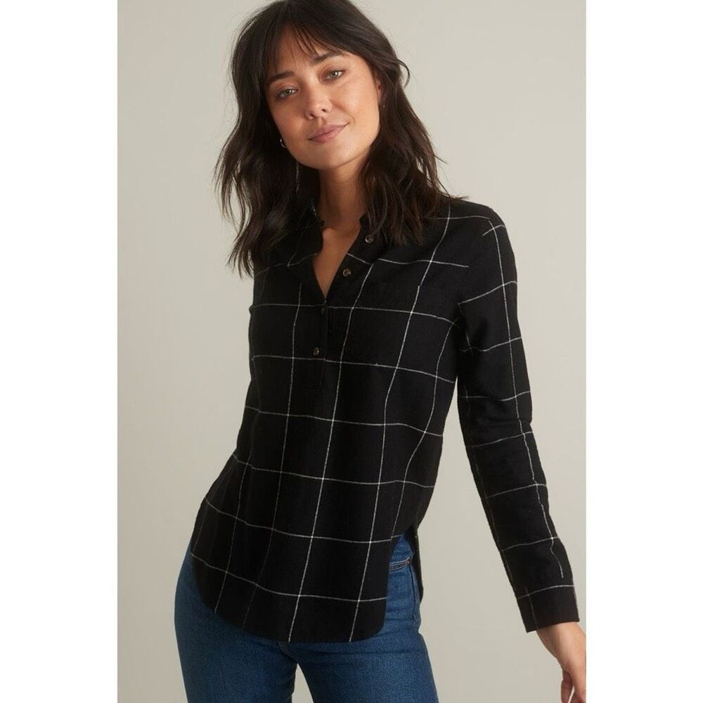 Marine Layer Womens Small Ivory Black Josie Long Sleeve Relaxed Henley Popover
